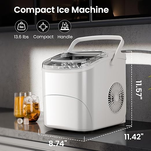 AGLUCKY Ice Makers Countertop with Handle,26.5Lbs/24H,9 Cubes in 6 Mins,2 Sizes of Bullet Ice,Portable Machine with Self-Cleaning,Perfect for Home Kitchen(White)