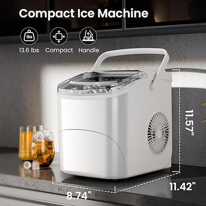 AGLUCKY Ice Makers Countertop with Handle,26.5Lbs/24H,9 Cubes in 6 Mins,2 Sizes of Bullet Ice,Portable Machine with Self-Cleaning,Perfect for Home Kitchen(White)