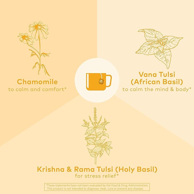 Organic India Tulsi Honey Chamomile Tea Bags - Herbal Tea for Stress Relieving & Calming, Immune Support, Adaptogen, Gluten-Free, USDA Certified Organic, Caffeine-Free - 18 Infusion Bags, 6 Pack