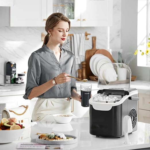 Kismile Ice Makers Countertop with Carry Handle,8 Cubes in 6 Mins,26Lbs/Day,2 Size of Bullet Ice,Portable Ice Maker Machine with Self-Cleaning for Home/Office(Black)