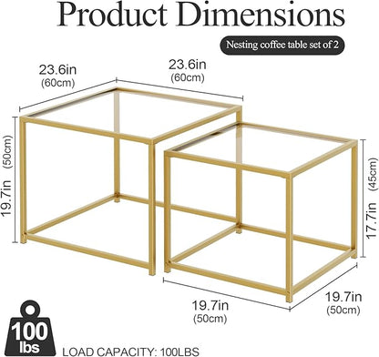 VILAWLENCE Coffee Table Set of 2, Modern Gold Glass Side Table, Metal Frame Square End Table, Center Tables, Nesting Coffee Table for Living Room, Bedroom and Small Spaces, 23.6in