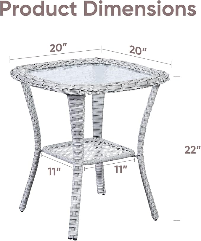 Patio Wicker Side Table, Outdoor PE Rattan End Table with 5mm Tempered Glass Top and 2-Tier Storage Shelf, 20" Square Coffee Table for Deck Porch Garden Backyard-Light Grey