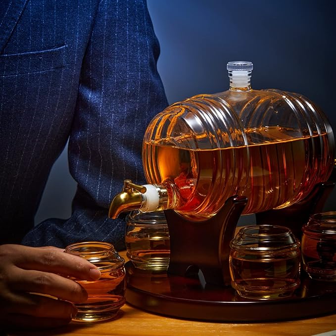 Whiskey Barrel Decanter Set for Home Bar, Unique Birthday Gifts for Men Dad, 1.3 Liter Barrel Liquor Dispenser with 4 Glasses for Bourbon, Scotch, Vodka, Tequila, Rum, Wine, Alcohol