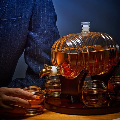 Whiskey Barrel Decanter Set for Home Bar, Unique Birthday Gifts for Men Dad, 1.3 Liter Barrel Liquor Dispenser with 4 Glasses for Bourbon, Scotch, Vodka, Tequila, Rum, Wine, Alcohol