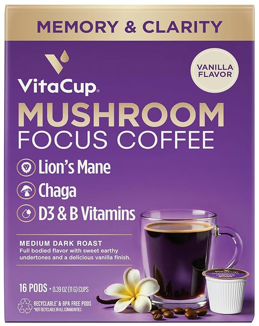 VitaCup Focus Mushroom Coffee Pods, Vanilla Flavored Coffee with Chaga, Lion’s Mane, Vitamins, Medium Dark Roast Arabica Beans, Recyclable Single Serve Pods Compatible with Keurig K-Cup Brewers, 16 Ct