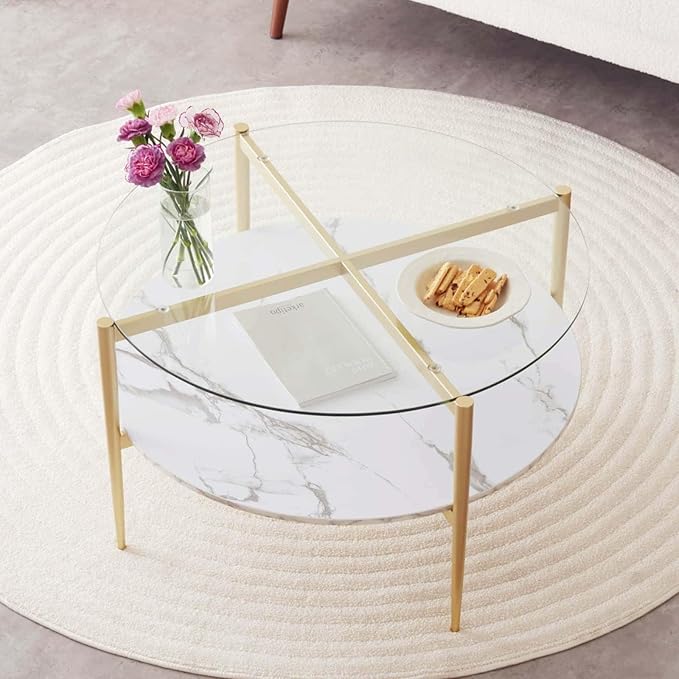 Round Coffee Table for Living Room, Mid-Century Modern Design, D30 x H17, 2-Tier Structure, Clear Glass Top and White Marble Finish Wood Shelf, Sleek Conical Metal Legs with Gold Finish Frame