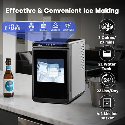 Countertop Ice Maker Machine, 3pcs in 27 Mins, 160pcs/Day, Large Square Ice Cubes for Cocktails, Whiskey & Bourbon, Portable Ice Maker with Basket and Scoop, Auto-Cleaning for Home/Bar/Party (Black)