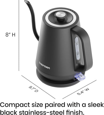Chefman Gooseneck Electric Kettle, 0.8L Pour Over Tea Kettle for Coffee and Tea, One-Touch Operation, Boil-Dry Protection, Auto Shut-Off, Ultra-Fast Hot Water Boiler – Black