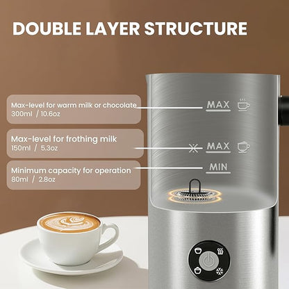 Milk Frother, 4-in-1 Milk Frother and Steamer, 10.6oz Electric Milk Steamer, Automatic Cold and Hot Foam maker for Lattes, Cappuccinos, Ceramic Lining Interior, Brushed
