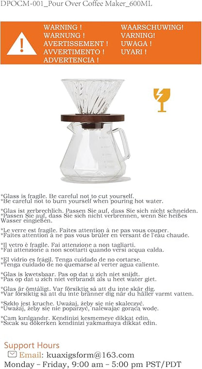 Pour Over Coffee Maker, 20 oz Borosilicate Glass Carafe with 100 pcs V60 Paper Filter by Gsform, Walnut Handle & Glass Lid, Drip Coffee Maker for Home Café Restaurant Camping, 600 ml, Clear