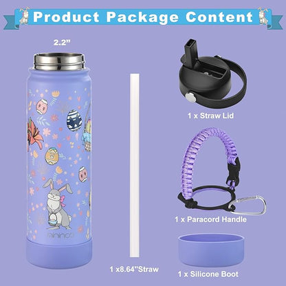 mininoo Water Bottle with Straw Lid, 24 oz Insulated Stainless Steel Double Wall Vacuum, Gifts, Cute Bunny & Egg(Lavender)