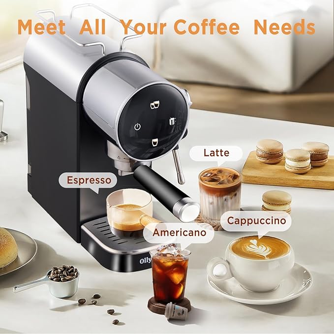 Espresso Machine,15 Bar Semi-Automatic Espresso Maker with Milk Frother,Touch Screen Black Stainless Steel Coffee Machine with 40oz Removable Water Tank,Cappuccino,Latte,Americano for Home