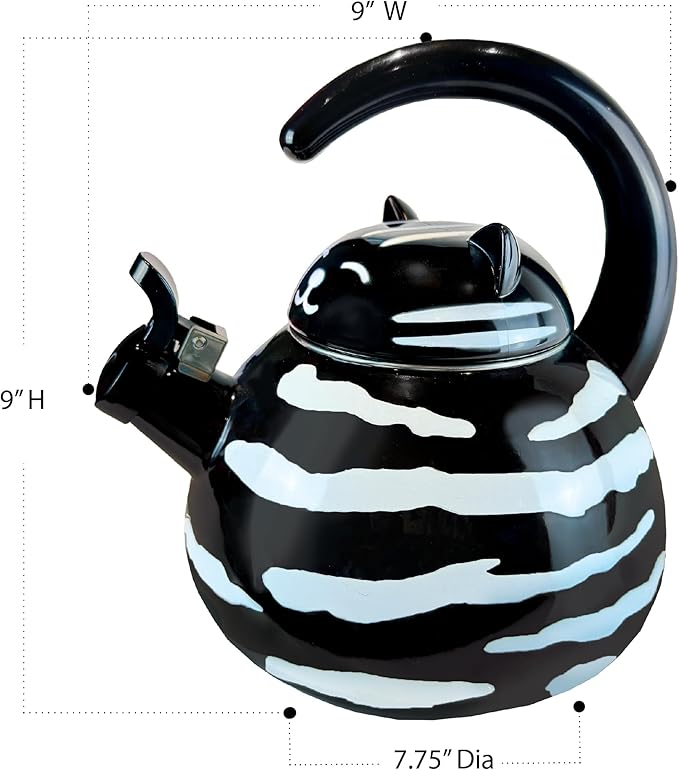 Trenton Gifts Whistling Tea Kettle - Enamel on Steel Black Cat Decor - Cute Animal Stovetop Kettle - 2.1 Quart Tea Pots