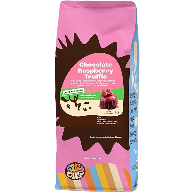 Crazy Cups Flavored Ground Decaf Chocolate Coffee, Decaffeinated Chocolate Raspberry, in 10 oz Bag, For Brewing Flavored Hot or Iced Coffee