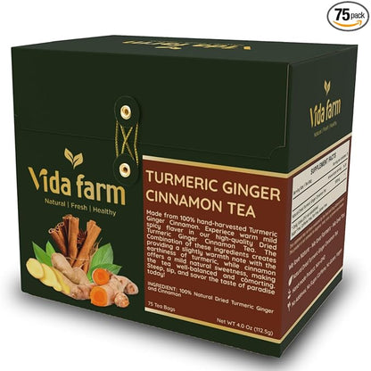VIDA FARM 75 Turmeric Ginger Cinnamon Tea Bags, Natural Ginger Cinnamon Turmeric Tea, Ginger Cinnamon Turmeric Herbal Tea, Sugar Free, Caffeine Free, Gluten Free