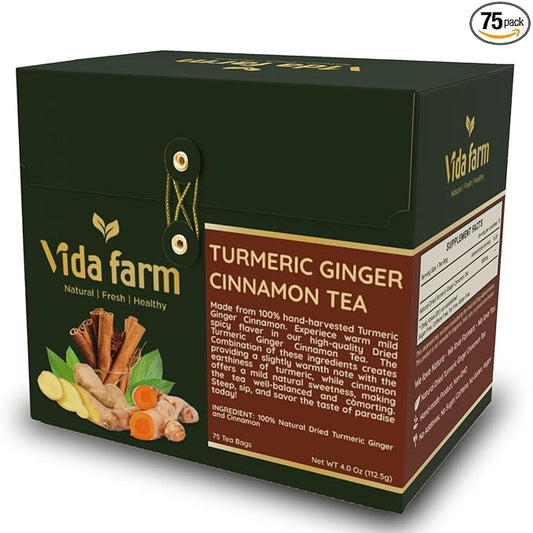 VIDA FARM 75 Turmeric Ginger Cinnamon Tea Bags, Natural Ginger Cinnamon Turmeric Tea, Ginger Cinnamon Turmeric Herbal Tea, Sugar Free, Caffeine Free, Gluten Free