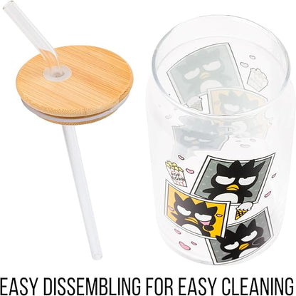 Silver Buffalo Sanrio Hello Kitty and Friends Badtz-Maru Polaroids Glass Jar Tumbler with Bamboo Lid and Glass Straw, 16 Ounces