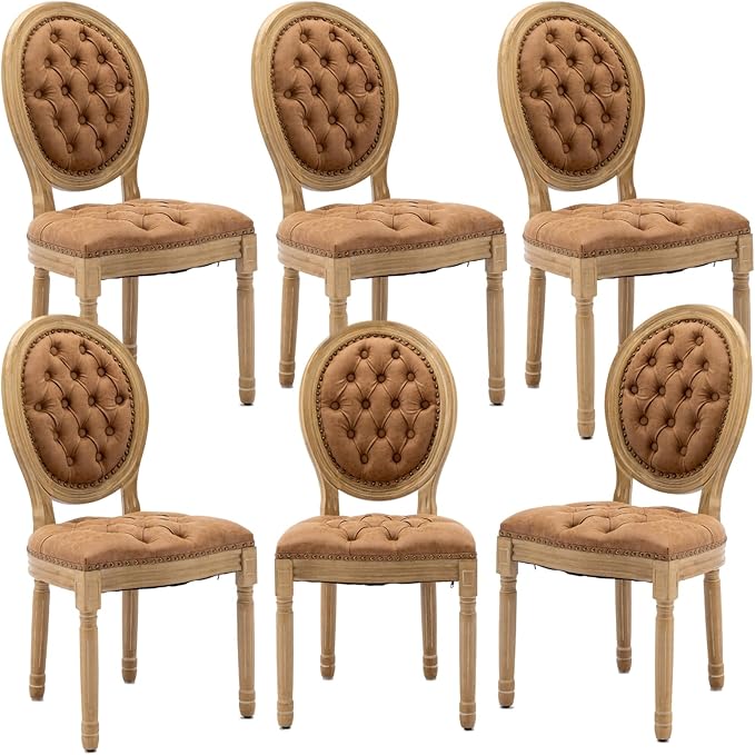 French Country Dining Chairs Set of 6, Vintage Wooden Dining Chairs with PU Leather Upholstered Tufted Seat,Solid Wood Legs&Frame, Farmhouse Kitchen&Living Room Chairs(Orange,6 Pcs)