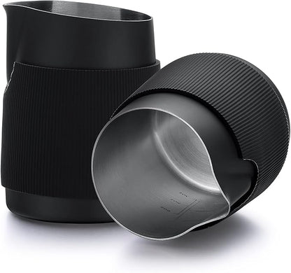 Normcore Handleless Milk Pitcher - Espresso Steaming Pitcher with Round Spout - 18/8 Stainless Steel Milk Frothing Jug, Black Non-Stick - Premium Barista Tools - Black - 15.2 oz (450 ml)