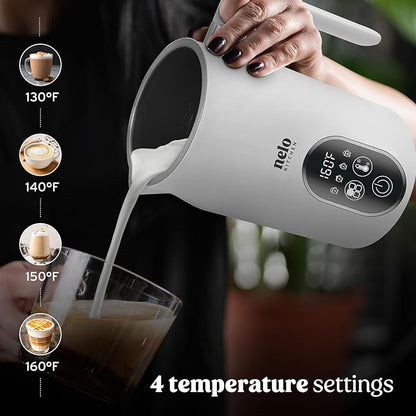 NELO Electric Milk Frother, 4 In 1 Digital Milk Frother and Steamer with Real-Time Temperature Control, Automatic Frother for Coffee, Latte, Hot Chocolate, Cappuccino, BPA Free Stainless Steel (White)