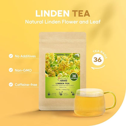 FullChea - Linden Tea, 36 Teabags, Linden Leaf and Flower - Natural Tilo Tea - Non-GMO - Caffeine-free - Support Respiratory & Boost Immune System