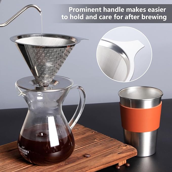 Pour Over Coffee Maker 1-4 Cup, V60 Pour Over, 18/10 Stainless Steel Laser Coffee Dripper, Fine Mesh Double Layer Metal Cone Filter, Colador De Cafe