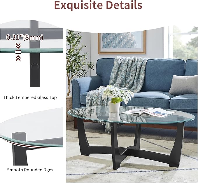 48" Oval Glass Coffee Table with Tempered Glass Top Cross and Solid Wood Base Simple & Modern Center Table for Living Room Office Apartment Black
