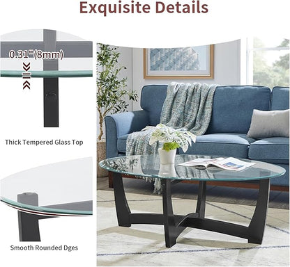 48" Oval Glass Coffee Table with Tempered Glass Top Cross and Solid Wood Base Simple & Modern Center Table for Living Room Office Apartment Black