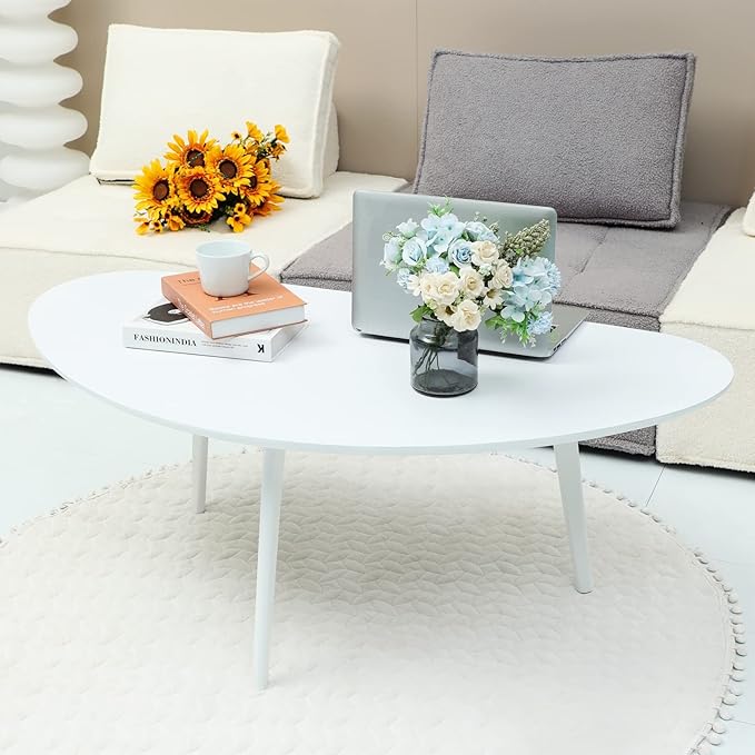 FIRMINANA Mid Century Modern Coffee Table,Large Oval White Coffee Table for Living Room,for Small Spaces,White-47.3" W x 23.63" D x 17.72" H