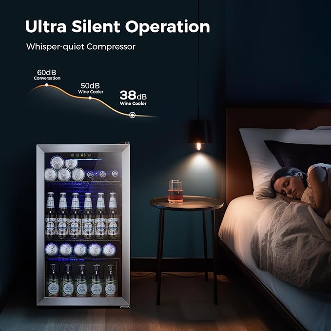 Kismile 3.2 Cu.ft Beverage Refrigerator and Cooler,130 Can Mini Fridge Glass Door,Digital Temperature Display for Soda, Beer or Wine, Small Drink Dispenser Cooler for Home, Office or Bar(Silver)