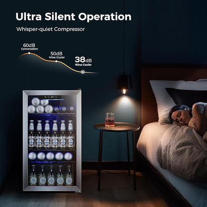 Kismile 3.2 Cu.ft Beverage Refrigerator and Cooler,130 Can Mini Fridge Glass Door,Digital Temperature Display for Soda, Beer or Wine, Small Drink Dispenser Cooler for Home, Office or Bar(Silver)