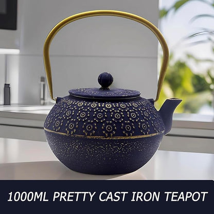 33.8oz Small Cast Iron Tea Kettle for Stovetop, Japanese Tetsubin Tea Pot Coated with Enameled Interior, Durable Cast Iron Teapot with Stainless Steel Infuser for Loose Tea and Tea Bags(1000ml)