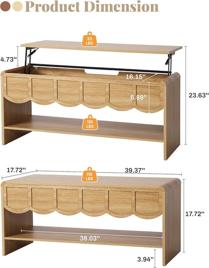 Lift Top Coffee Table with Hidden Compartment, 2 Tier Wooden Center Table with Wave Panel, Modern Lift Tabletop for Home Living Room Office, Natural