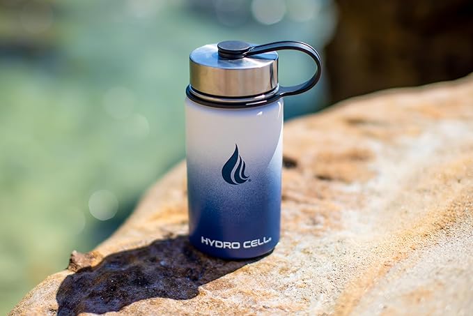 HYDRO CELL Stainless Steel Insulated Water Bottle with Straw - For Cold & Hot Drinks - Metal Vacuum Flask with Screw Cap and Modern Leakproof Sport Thermos for Adults (Navy/White 14oz)