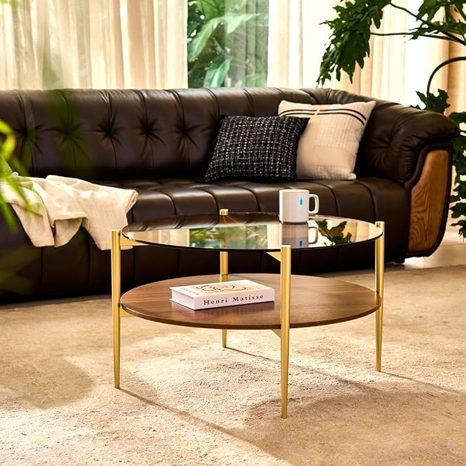 AGV LIGHTING Round Glass Coffee Table, Mid-Century Modern Coffee Table for Living Room, Glod Coffee Table, Amber Glass Top & Walnut Wood Shelf