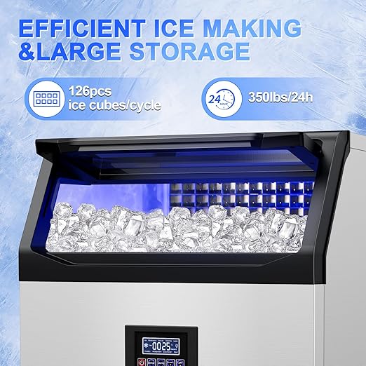 Commercial Ice Maker Machine 350Lbs/24H, 126pcs Ice Cubes Under Counter Ice Machine with Water Line and Filter, Freestanding Ice Maker Machine with 150Lbs Storage ice Bin for Home/Shop/Office/Bar