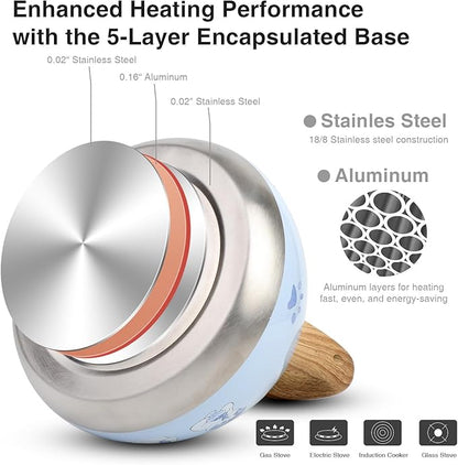 Tea Kettle, Toptier Teapot Whistling Kettle with Wood Pattern Handle Loud Whistle, Food Grade Stainless Steel Tea Pot for Stovetops Induction Water Kettle, 2.7-Quart Blue Cat