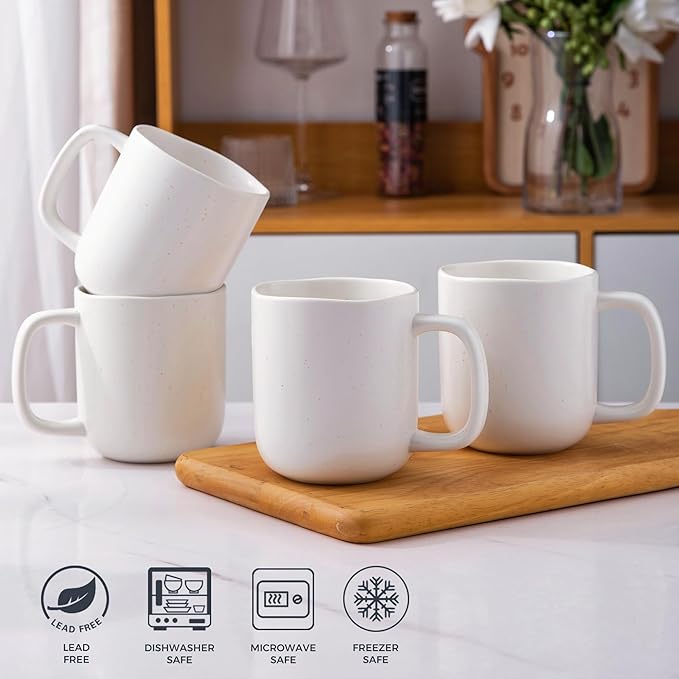 AmorArc 14oz Coffee Mugs Set of 6, Speckled Ceramic Coffee Mugs with Large Handle & Wavy Rim for Latte/Hot Cocoa/Tea, Coffee Cups for Men Women. Oven, Dishwasher&Microwave Safe, Speckled White