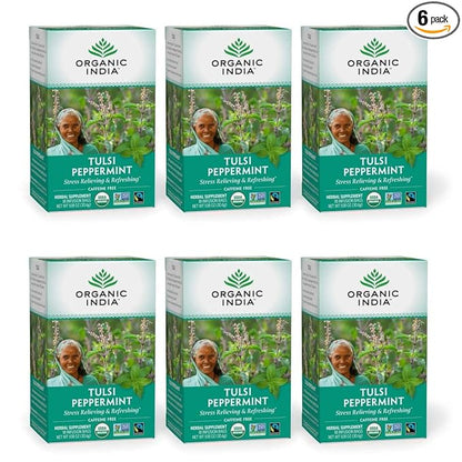ORGANIC INDIA Tulsi Peppermint Tea - Caffeine Free Herbal Mint Tea - Stress Relieving Holy Basil, Immune Support, Aids Digestion, Vegan, USDA Certified Organic, Fairtrade - 18 Infusion Bags, 6 Pack