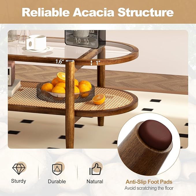 Giantex Rattan Coffee Table, 2-Tier Oval Acacia Wood Tea Table w/Tempered Glass Tabletop & PE Rattan Storage Shelf, Boho Cocktail Tables, Mid Century Modern Center Table for Living Room Office, Brown