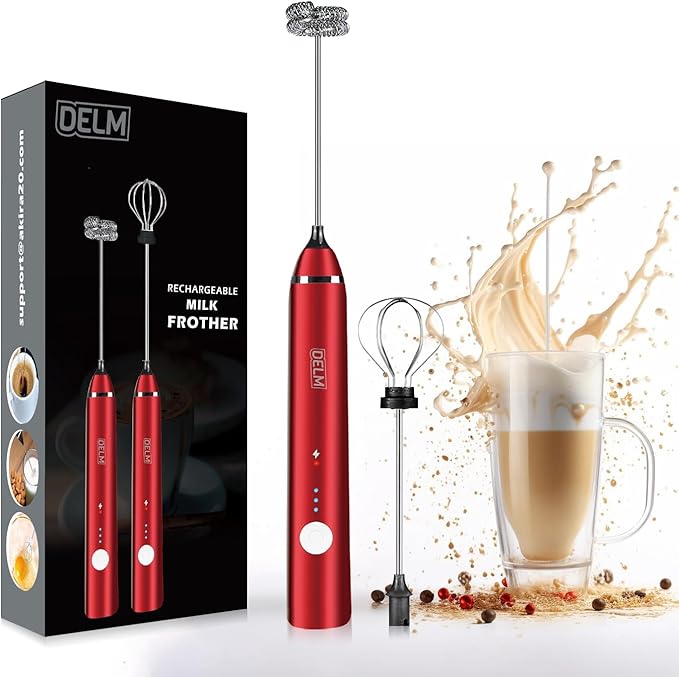 Delm Milk Frother Electric USB Stainless Steel Accessory - Frother Wand Foam Maker for Lattes - Milk Frother Handheld for Cappuccino, Frappe, Matcha, Hot Chocolate - Frother for Coffee (red)