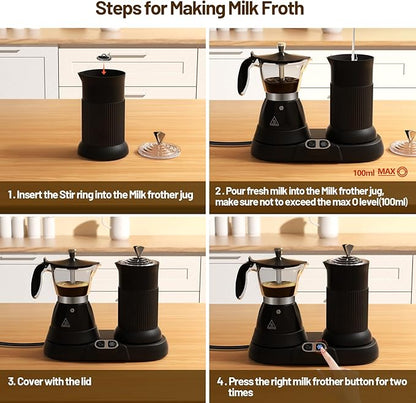 Electric Espresso Machine with Milk Frother 2 in 1 Efficient Moka Pot Coffee Maker with Milkfroth Aluminum One-Touch Operation for Effortless Cappuccinos Lattes Macchiatos Black