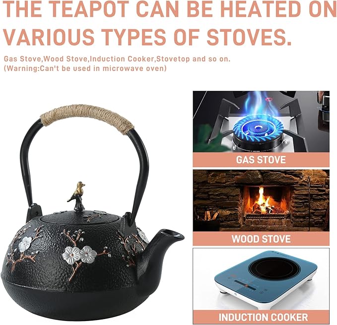 Cast Iron Teapot SECHUDO Teapot for Stovetop Safe Coated with Enameled Interior,Japanese Beautiful Tea Kettle with Stainless Steel Infuser for Loose Tea (40.6oz/1200ml)