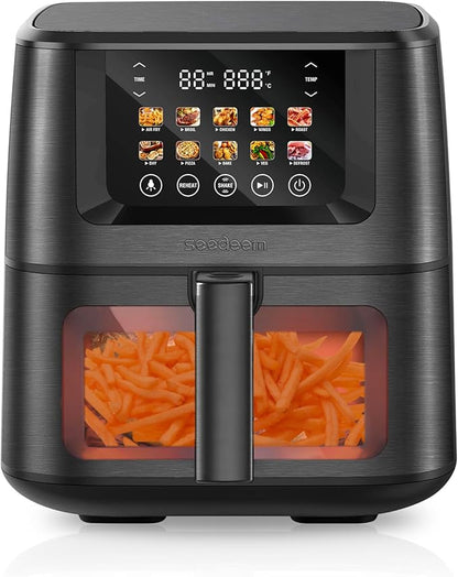 SEEDEEM Max XL Air Fryer 8QT, 10-in-1 Digital Air Fryer Oven with Color Touchscreen & Viewing Window, Toaster Oven Combo for Broil, Roast, Dehydrate, Bake – Black