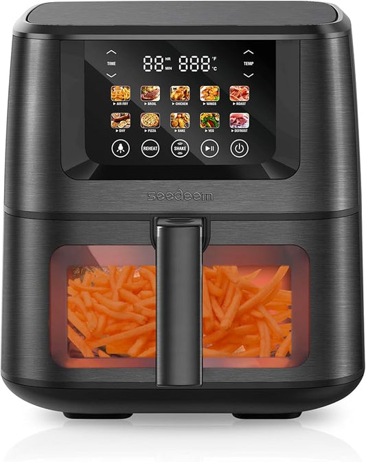SEEDEEM Max XL Air Fryer 8QT, 10-in-1 Digital Air Fryer Oven with Color Touchscreen & Viewing Window, Toaster Oven Combo for Broil, Roast, Dehydrate, Bake – Black