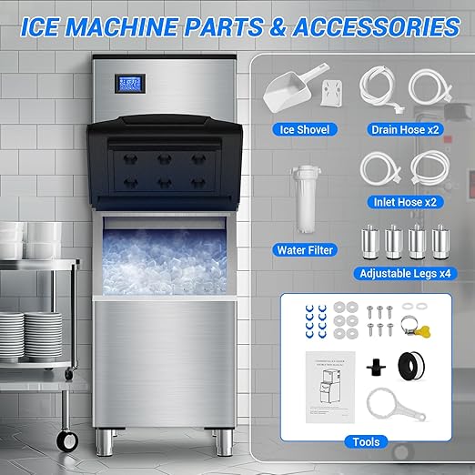 Commercial Ice Maker Machine 650LBS/24H with 350LBS Ice Storage Bin – 182 Cubes per Cycle in 6-15 Mins, Stainless Steel Industrial Ice Machine for Restaurants, Bars, Cafes & Business Use