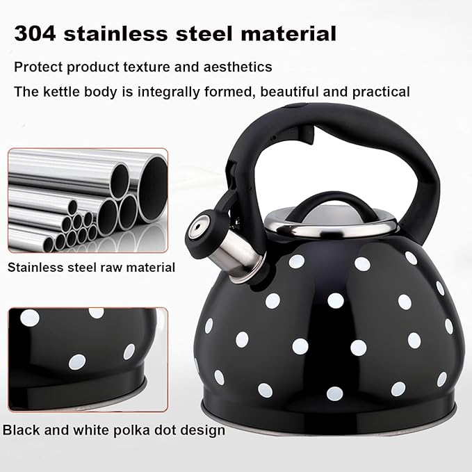 Tea Kettle Stovetop, Whistling Teapot 304 Stainless Steel 3.2 Quart Teakettle, Polka Dot Teapots for Stove Top, Whistle Tea Pot with Cool Touch Ergonomic Handle (Black/White, 3.2 Quarts)