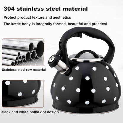 Tea Kettle Stovetop, Whistling Teapot 304 Stainless Steel 3.2 Quart Teakettle, Polka Dot Teapots for Stove Top, Whistle Tea Pot with Cool Touch Ergonomic Handle (Black/White, 3.2 Quarts)