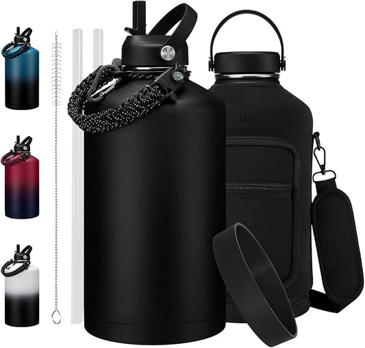 1 Gallon Insulated Water Jug w/ Straw - Double Wall Vacuum Insulated Black Water Bottles 128 oz, Gallon Water Bottle w/Paracord Handle, Protective Boot, Water Bottle w/ Strap Gym Work Travel