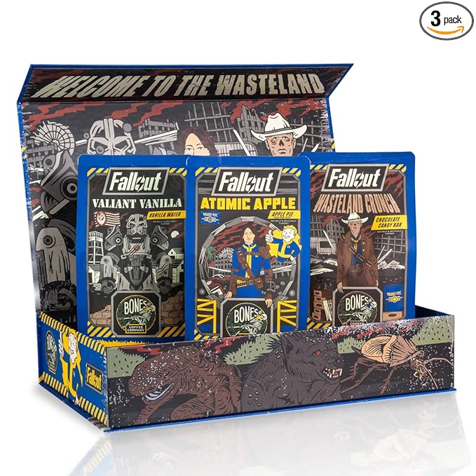 Bones Coffee Company Fallout Collector's Box Flavored Coffee, Low Acid Medium Roast Arabica Beans Coffee Gifts, Fallout Series Inspired, For Auto Drip and French Press,12 oz Pack of 3 Whole Bean